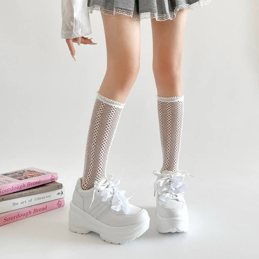 Shoes in Closet 軽量 厚底 スタイルアップソール メニーリボン ライン スニーカー2476 ホワイト SIC-2476_WHT