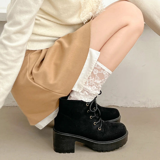 Shoes in Closet 超軽量 厚底 レースアップ ヒール ショートブーツ 2805 ブラック/スウェード SIC-2805_BLK/S