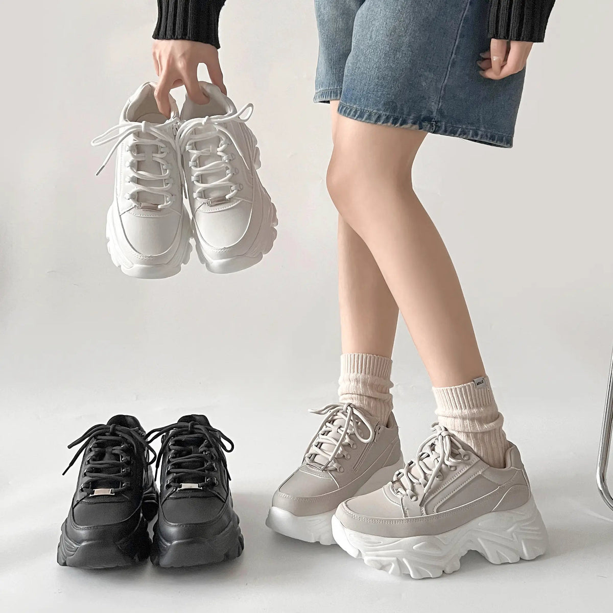 Shoes in Closet 軽量 厚底 ボリュームソール ファスナーつき ミッドカット スニーカー 1929 ブラック SIC-1929_BLK