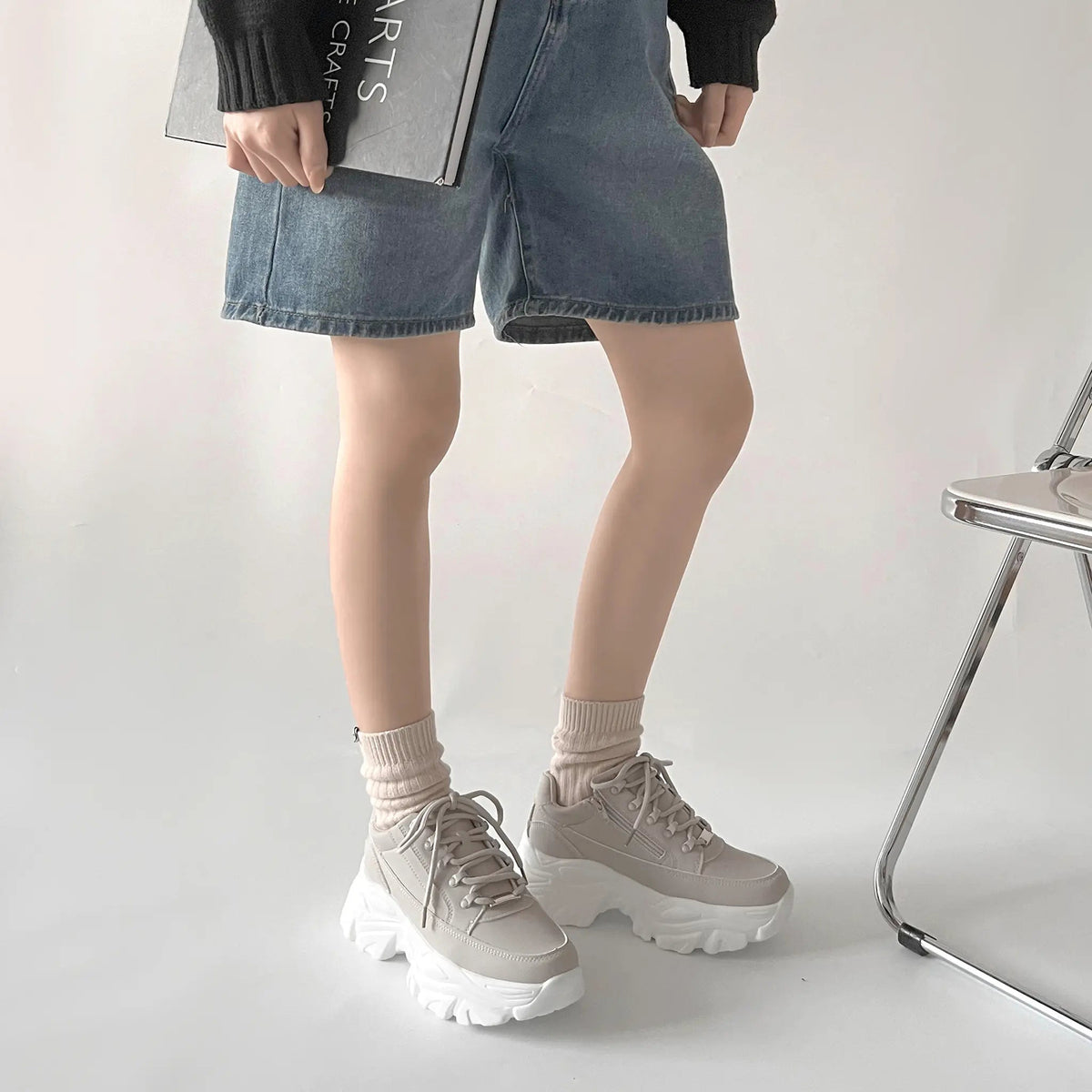 Shoes in Closet 軽量 厚底 ボリュームソール ファスナーつき ミッドカット スニーカー 1929 ダークグレー SIC-1929_DK.GREY/N