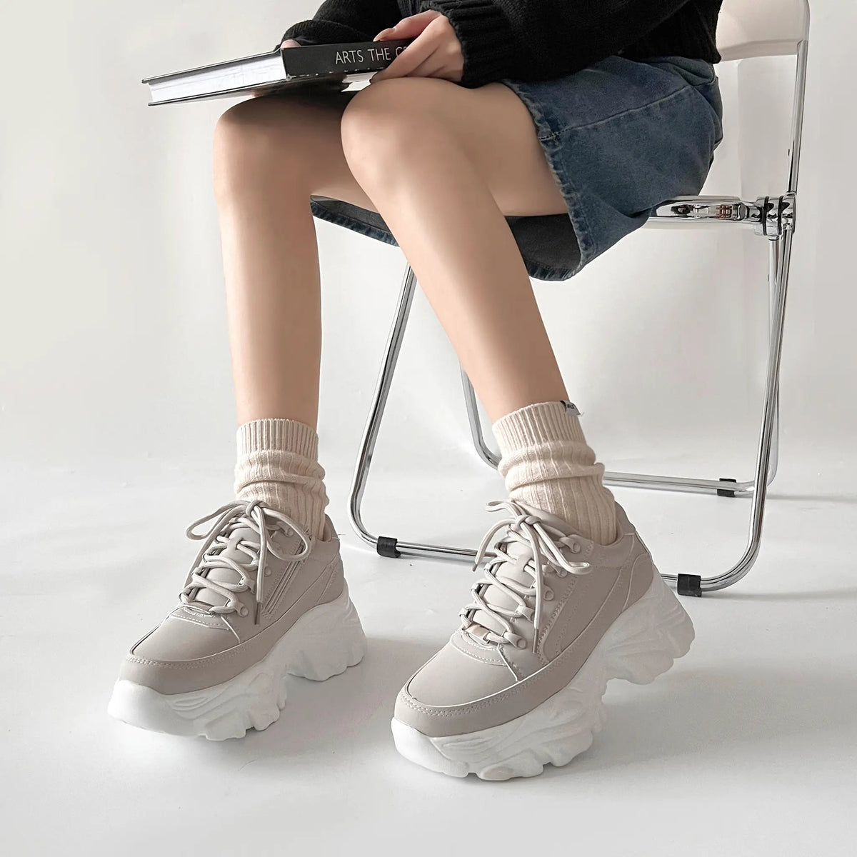 Shoes in Closet 軽量 厚底 ボリュームソール ファスナーつき ミッドカット スニーカー 1929 ダークグレー SIC-1929_DK.GREY/N