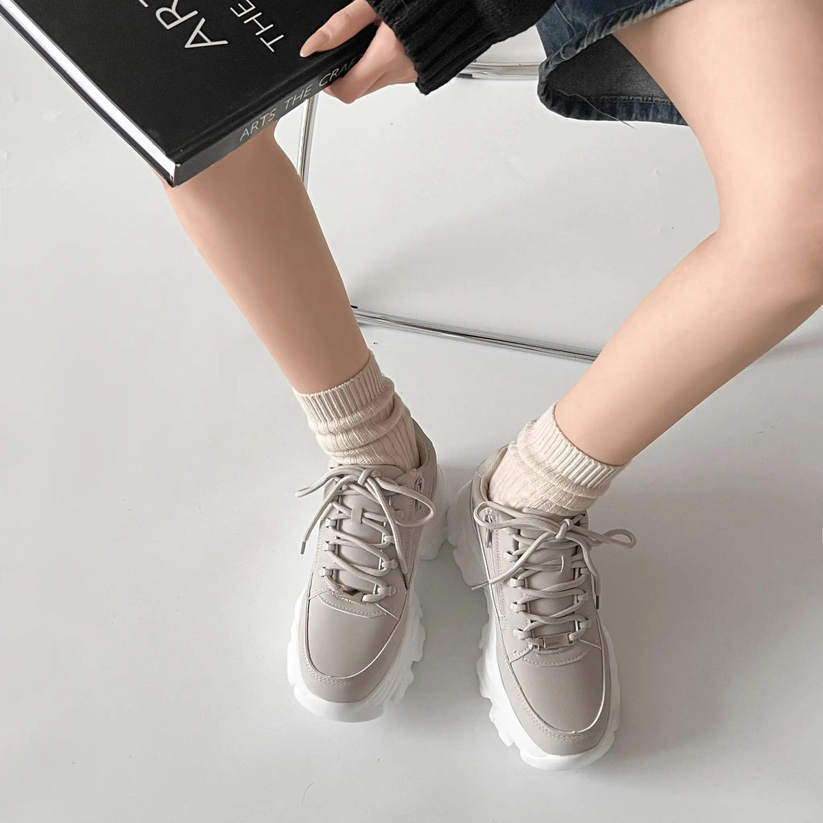 Shoes in Closet 軽量 厚底 ボリュームソール ファスナーつき ミッドカット スニーカー 1929 ダークグレー SIC-1929_DK.GREY/N