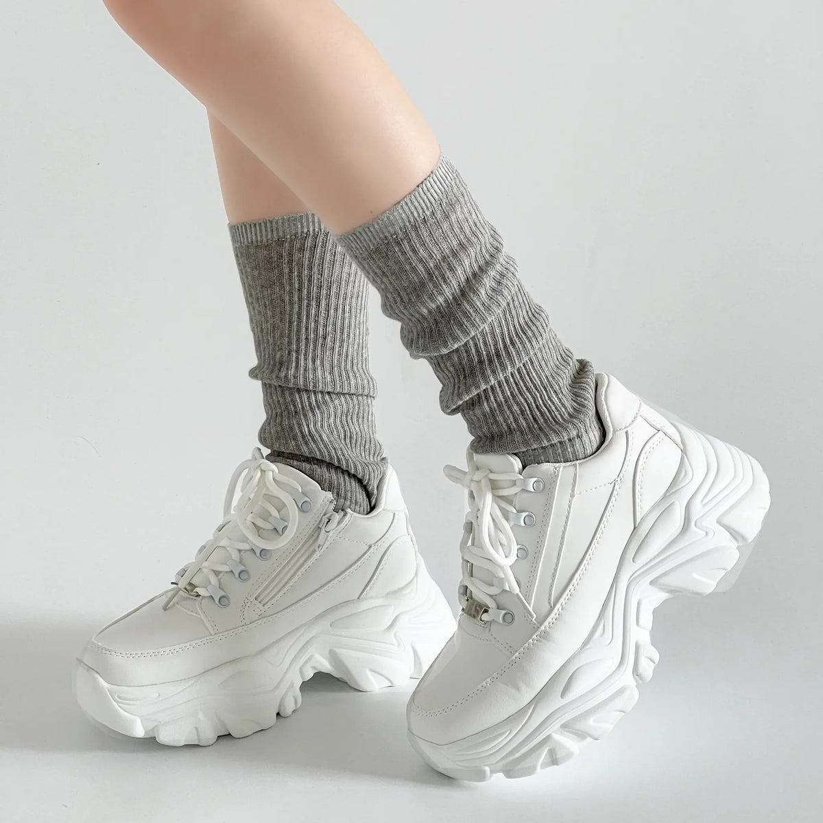 Shoes in Closet 軽量 厚底 ボリュームソール ファスナーつき ミッドカット スニーカー 1929 ホワイト SIC-1929_WHT