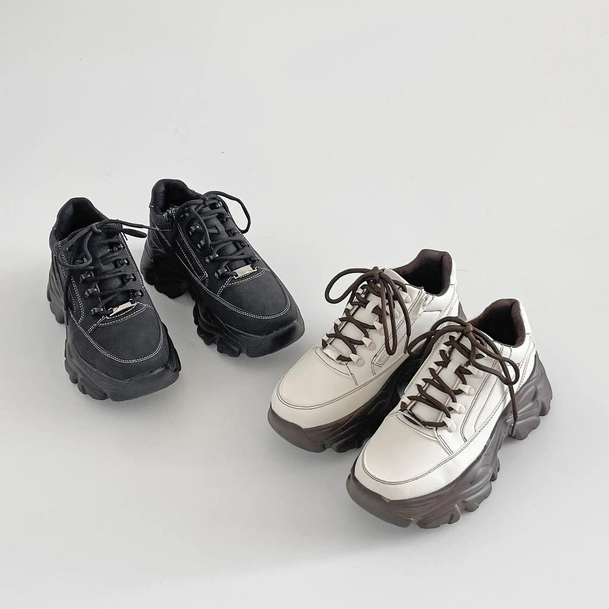 Shoes in Closet 軽量 厚底 ボリュームソール ファスナーつき ミッドカット スニーカー 1929 ホワイト/ブラウン SIC-1929_WHT/BR