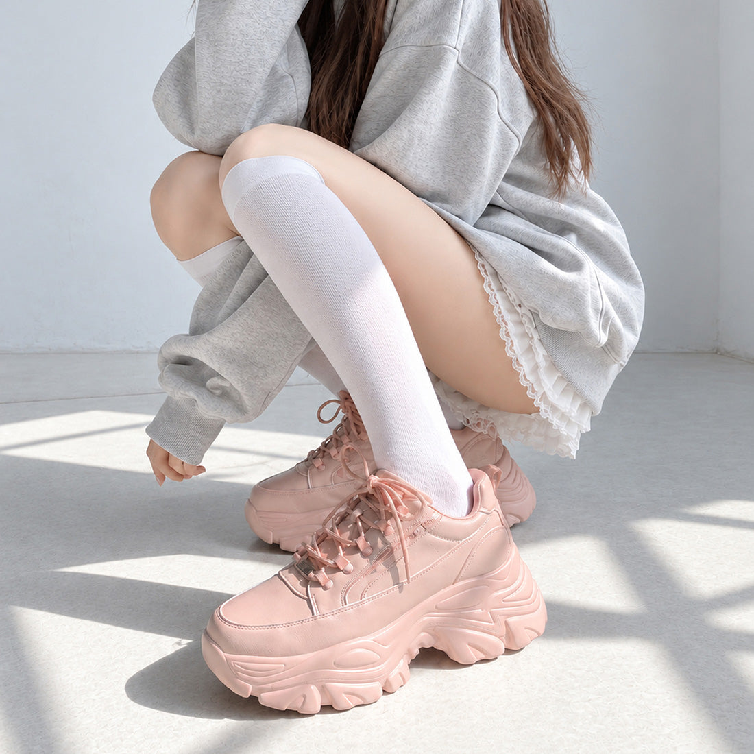 Shoes in Closet 軽量 厚底 ボリュームソール ファスナーつき ミッドカット スニーカー 1929 ピンク SIC-1929_PINK