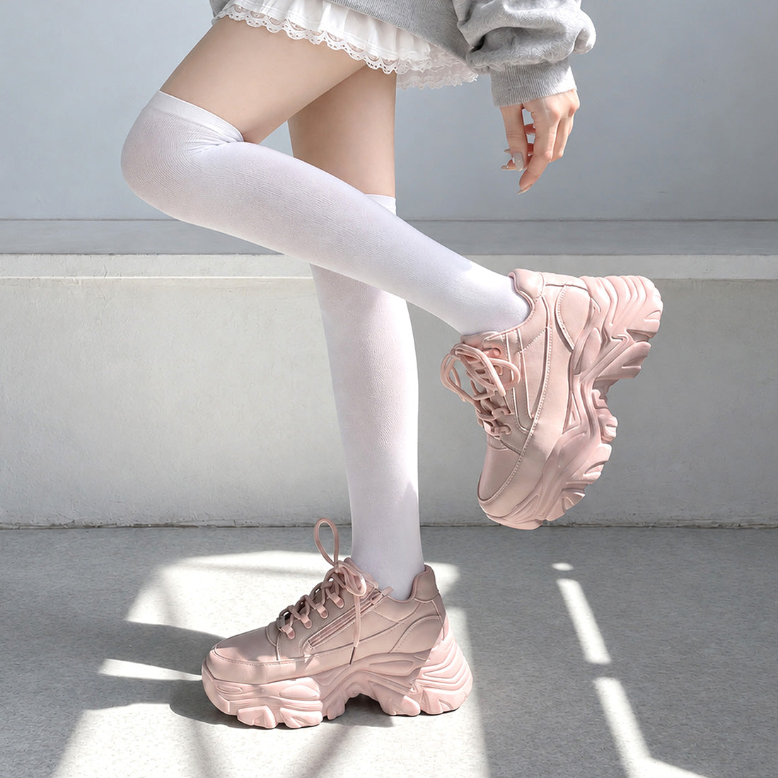 Shoes in Closet 軽量 厚底 ボリュームソール ファスナーつき ミッドカット スニーカー 1929 ピンク SIC-1929_PINK