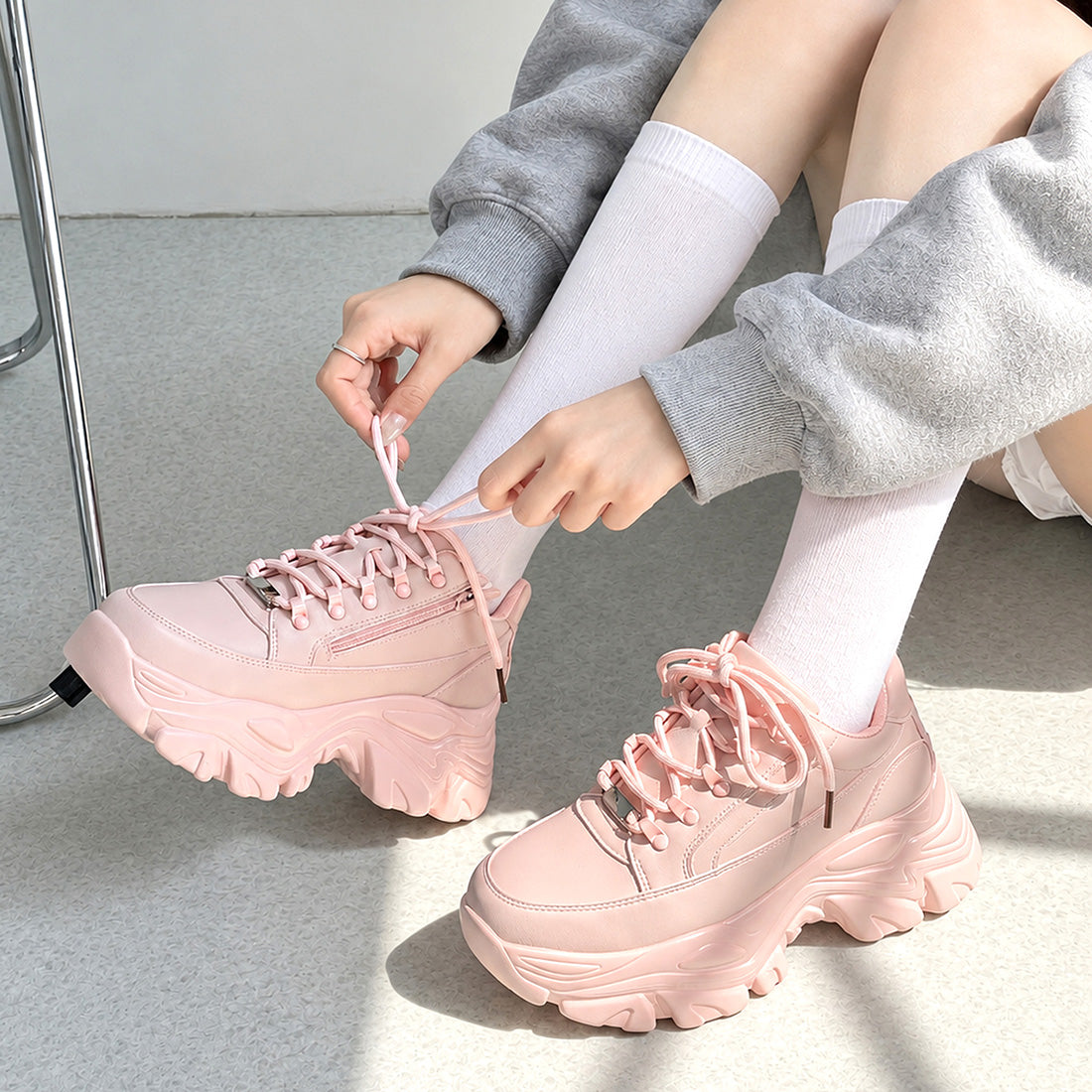 Shoes in Closet 軽量 厚底 ボリュームソール ファスナーつき ミッドカット スニーカー 1929 ピンク SIC-1929_PINK