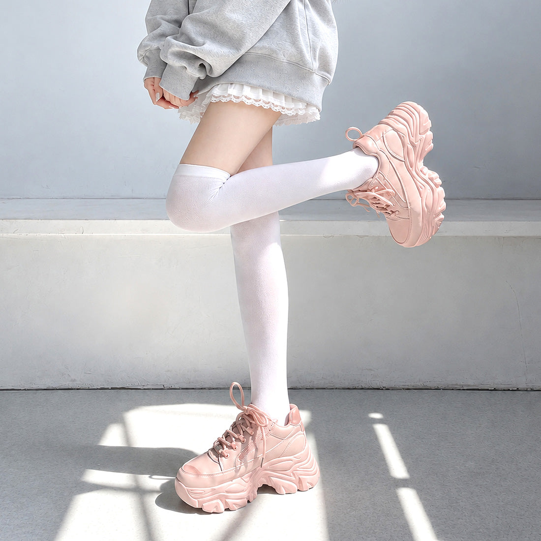 Shoes in Closet 軽量 厚底 ボリュームソール ファスナーつき ミッドカット スニーカー 1929 ピンク SIC-1929_PINK