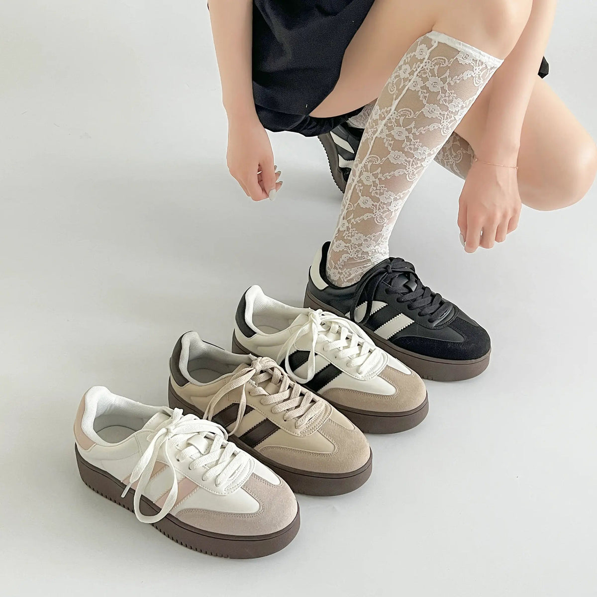 Shoes in Closet 軽量 厚底 ベーシック ダブルライン スニーカー 2448 ブラック SIC-2448_BLK