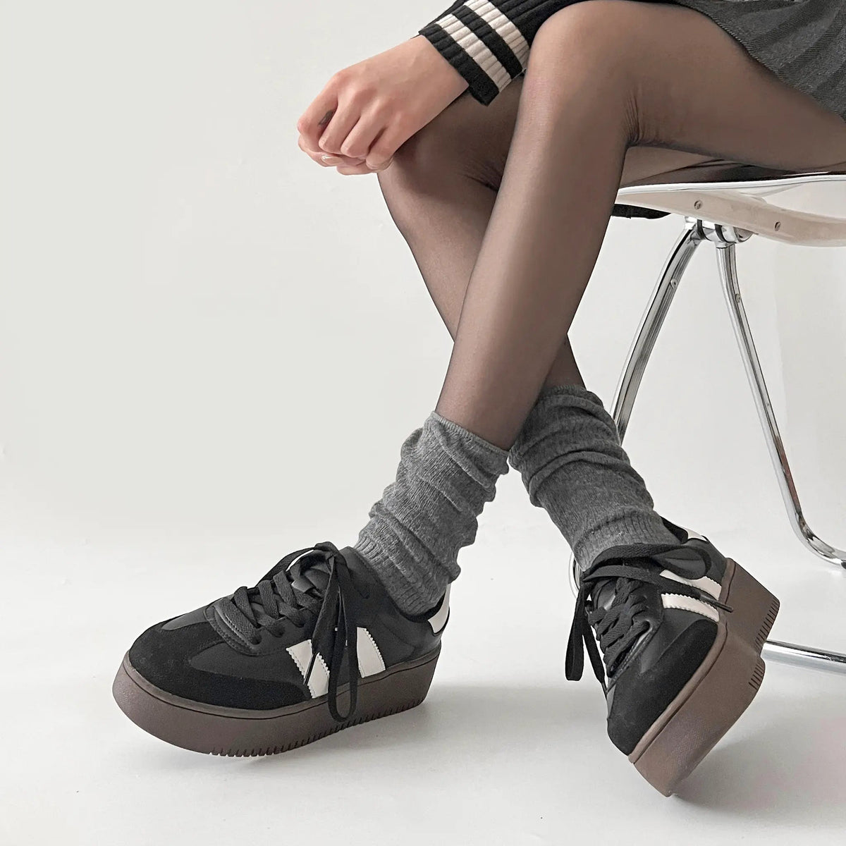 Shoes in Closet 軽量 厚底 ベーシック ダブルライン スニーカー 2448 ブラック SIC-2448_BLK