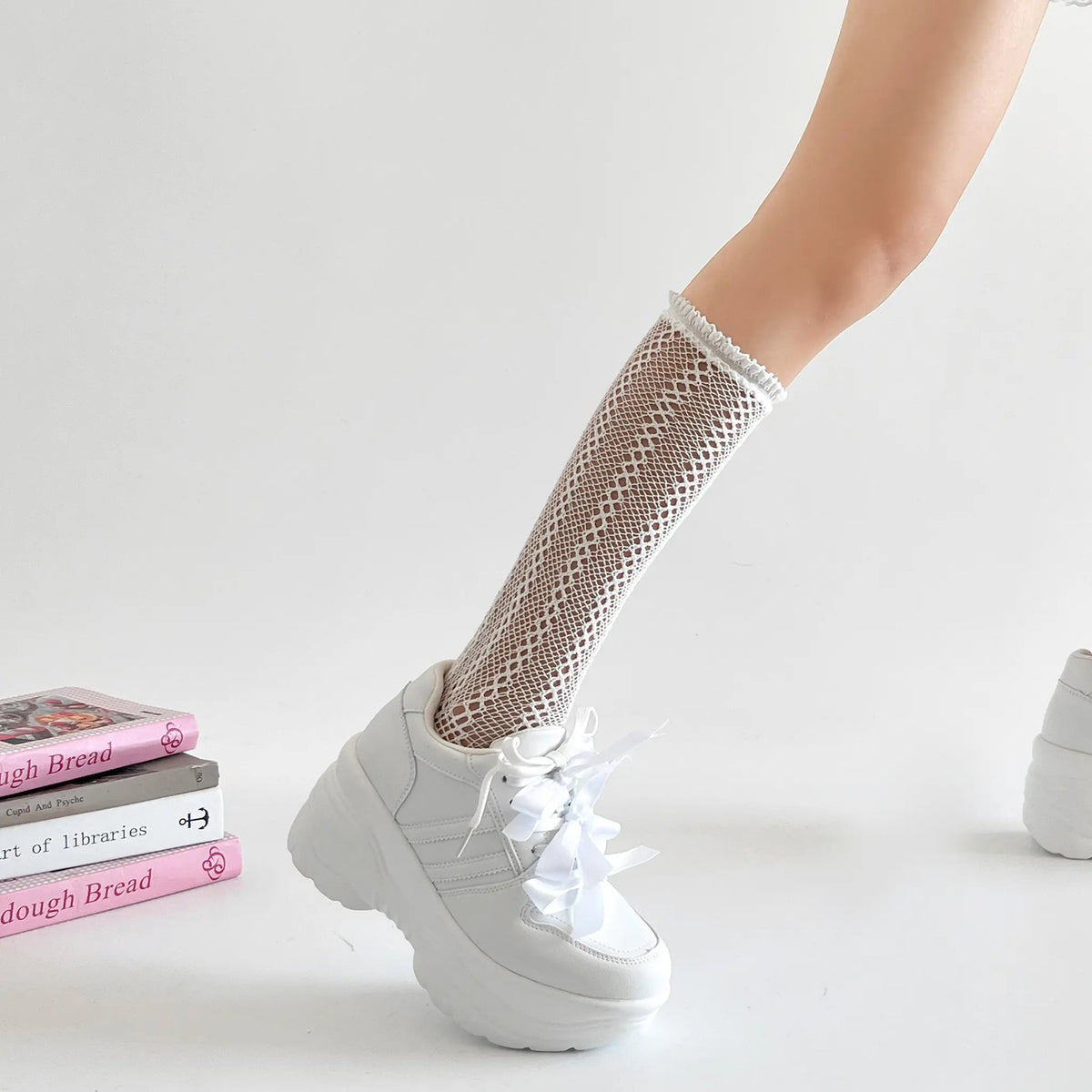 Shoes in Closet 軽量 厚底 スタイルアップソール メニーリボン ライン スニーカー2476 ホワイト SIC-2476_WHT