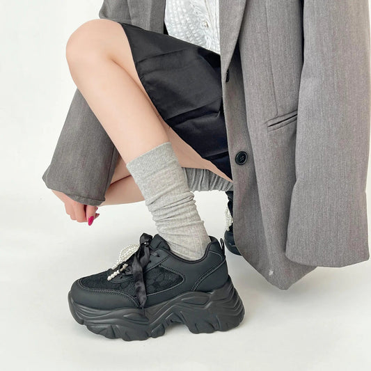 Shoes in Closet +6.5cm 軽量 厚底 2WAY パールリボン レース ボリューム スニーカー 2678 ブラック SIC-2678_BLK