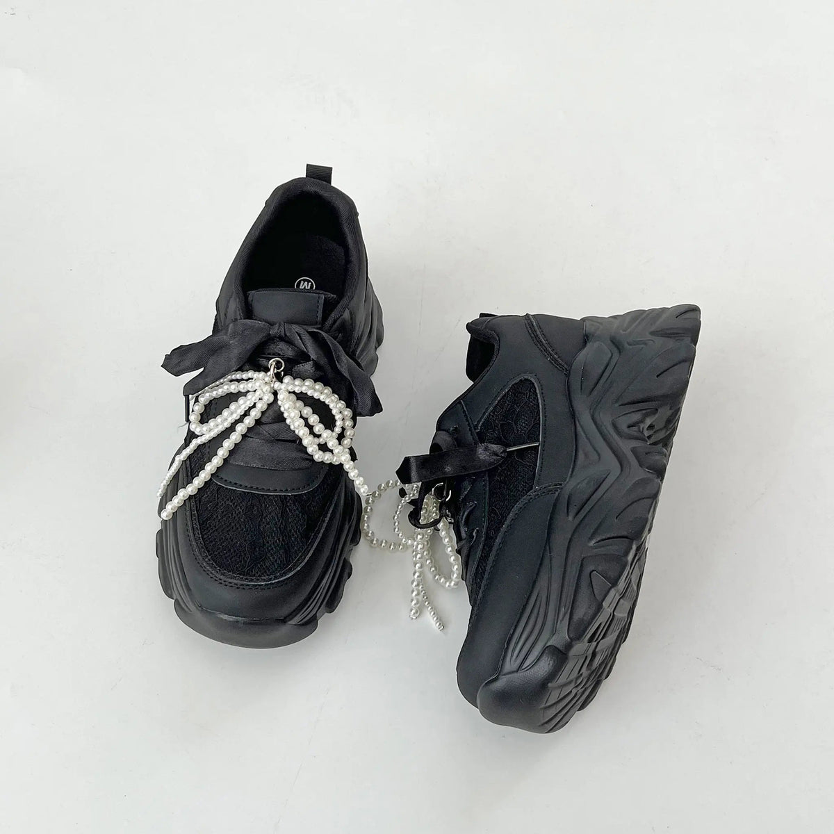 Shoes in Closet +6.5cm 軽量 厚底 2WAY パールリボン レース ボリューム スニーカー 2678 ブラック SIC-2678_BLK