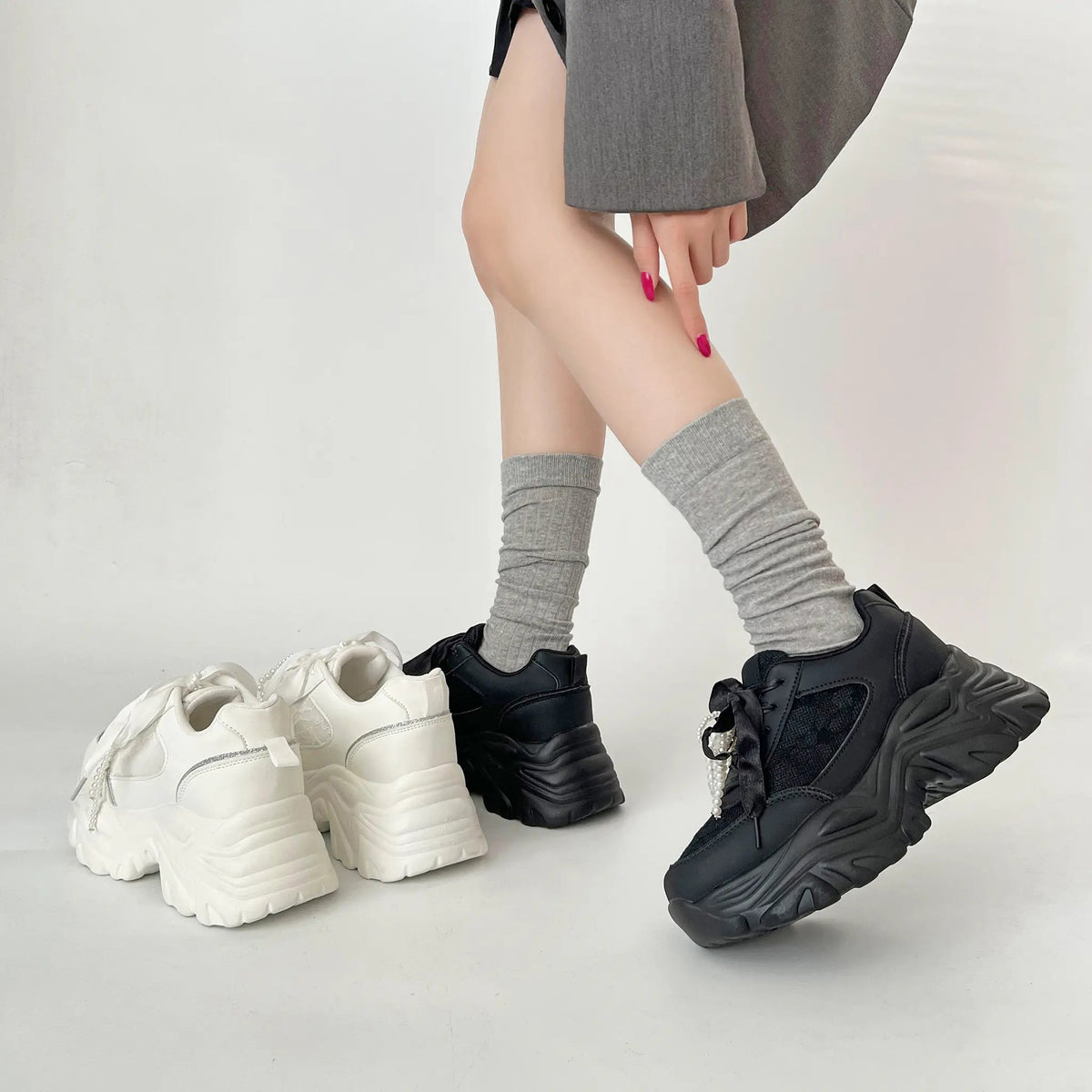 Shoes in Closet +6.5cm 軽量 厚底 2WAY パールリボン レース ボリューム スニーカー 2678 ブラック SIC-2678_BLK