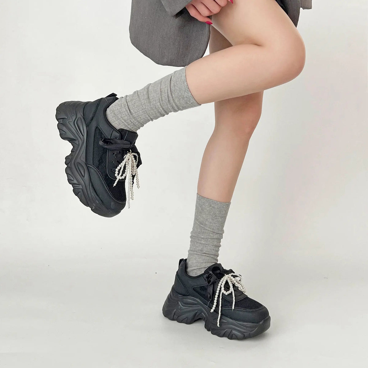 Shoes in Closet +6.5cm 軽量 厚底 2WAY パールリボン レース ボリューム スニーカー 2678 ブラック SIC-2678_BLK