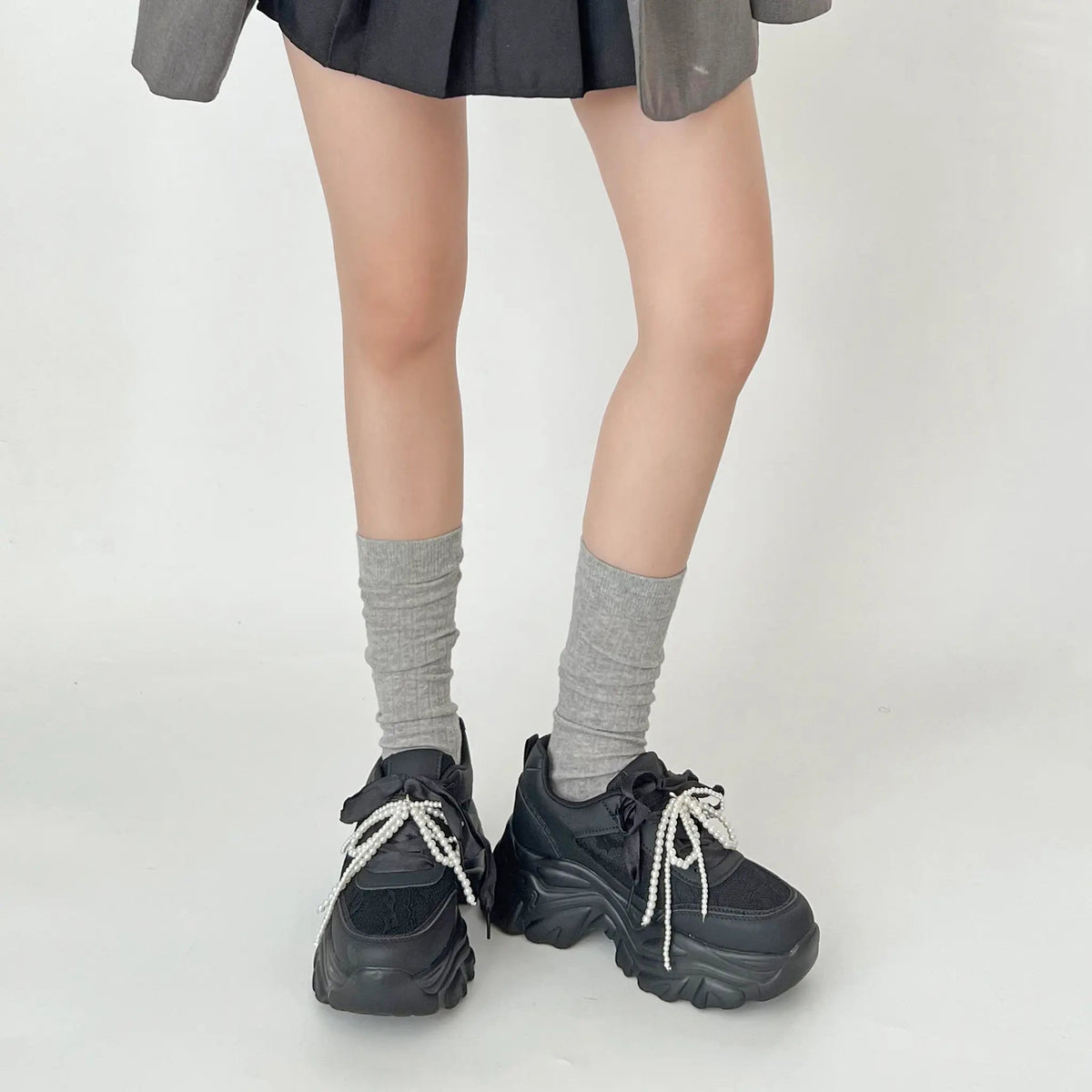 Shoes in Closet +6.5cm 軽量 厚底 2WAY パールリボン レース ボリューム スニーカー 2678 ブラック SIC-2678_BLK
