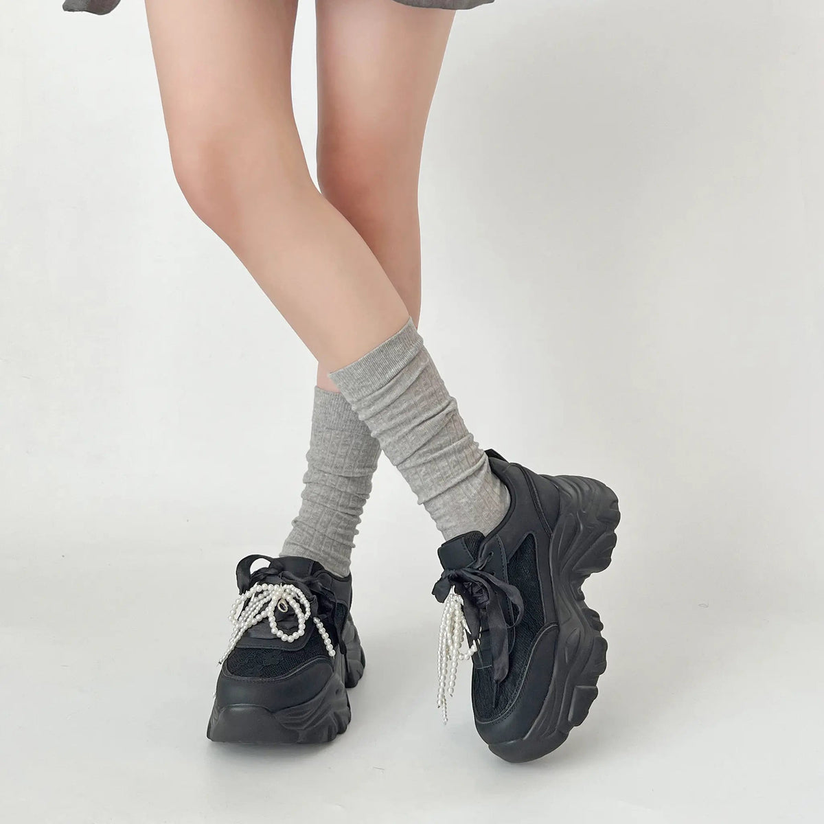 Shoes in Closet +6.5cm 軽量 厚底 2WAY パールリボン レース ボリューム スニーカー 2678 ブラック SIC-2678_BLK