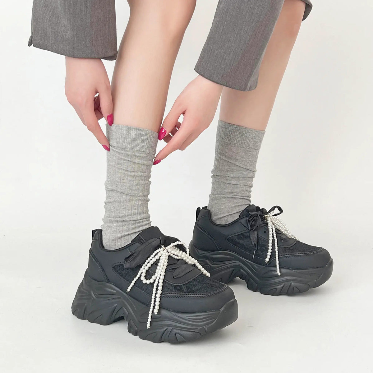 Shoes in Closet +6.5cm 軽量 厚底 2WAY パールリボン レース ボリューム スニーカー 2678 ブラック SIC-2678_BLK