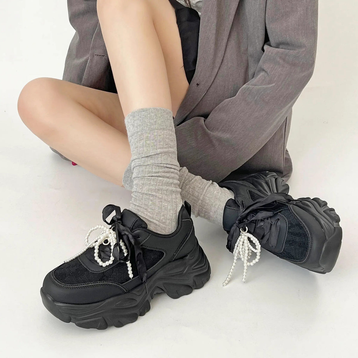 Shoes in Closet +6.5cm 軽量 厚底 2WAY パールリボン レース ボリューム スニーカー 2678 ブラック SIC-2678_BLK
