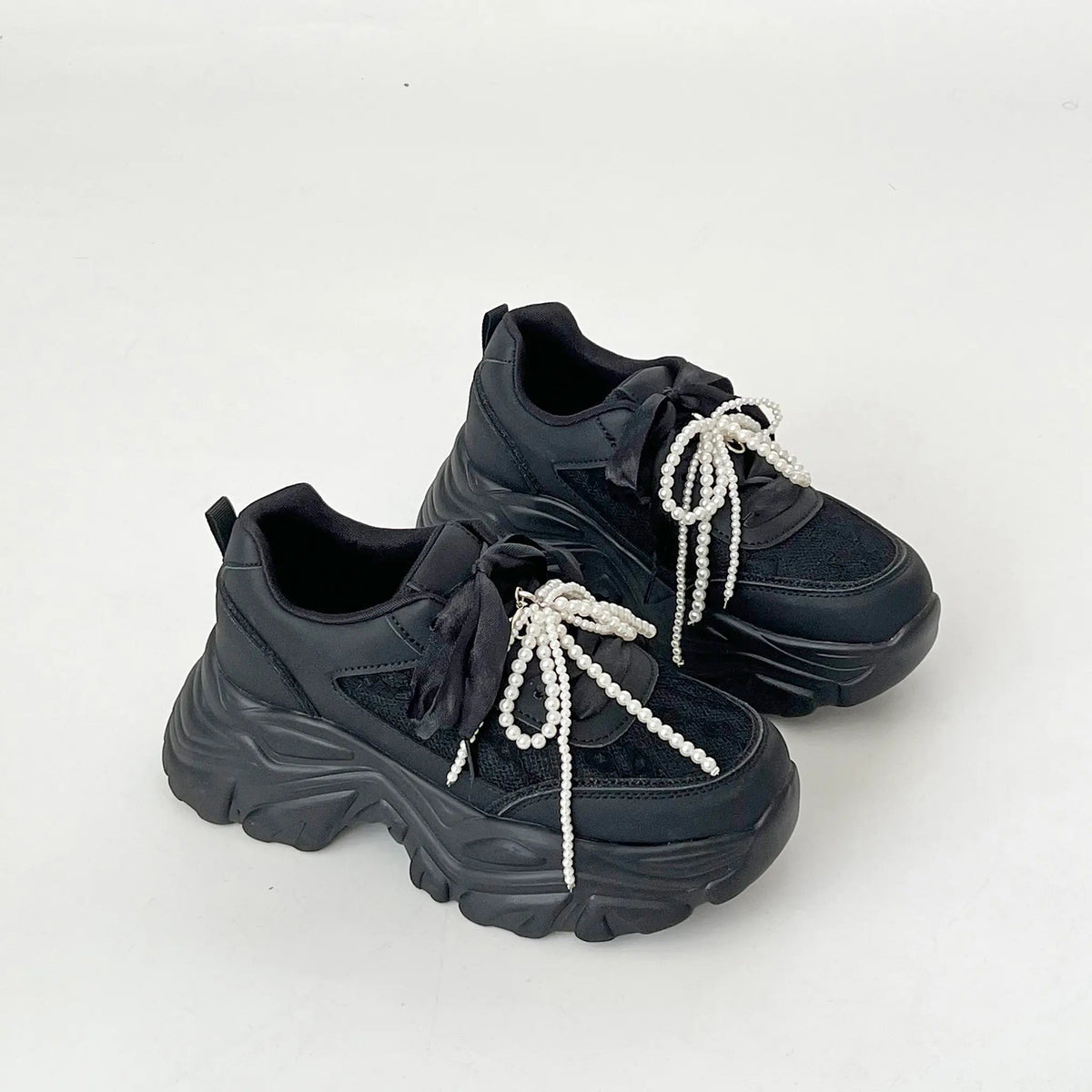 Shoes in Closet +6.5cm 軽量 厚底 2WAY パールリボン レース ボリューム スニーカー 2678 ブラック SIC-2678_BLK