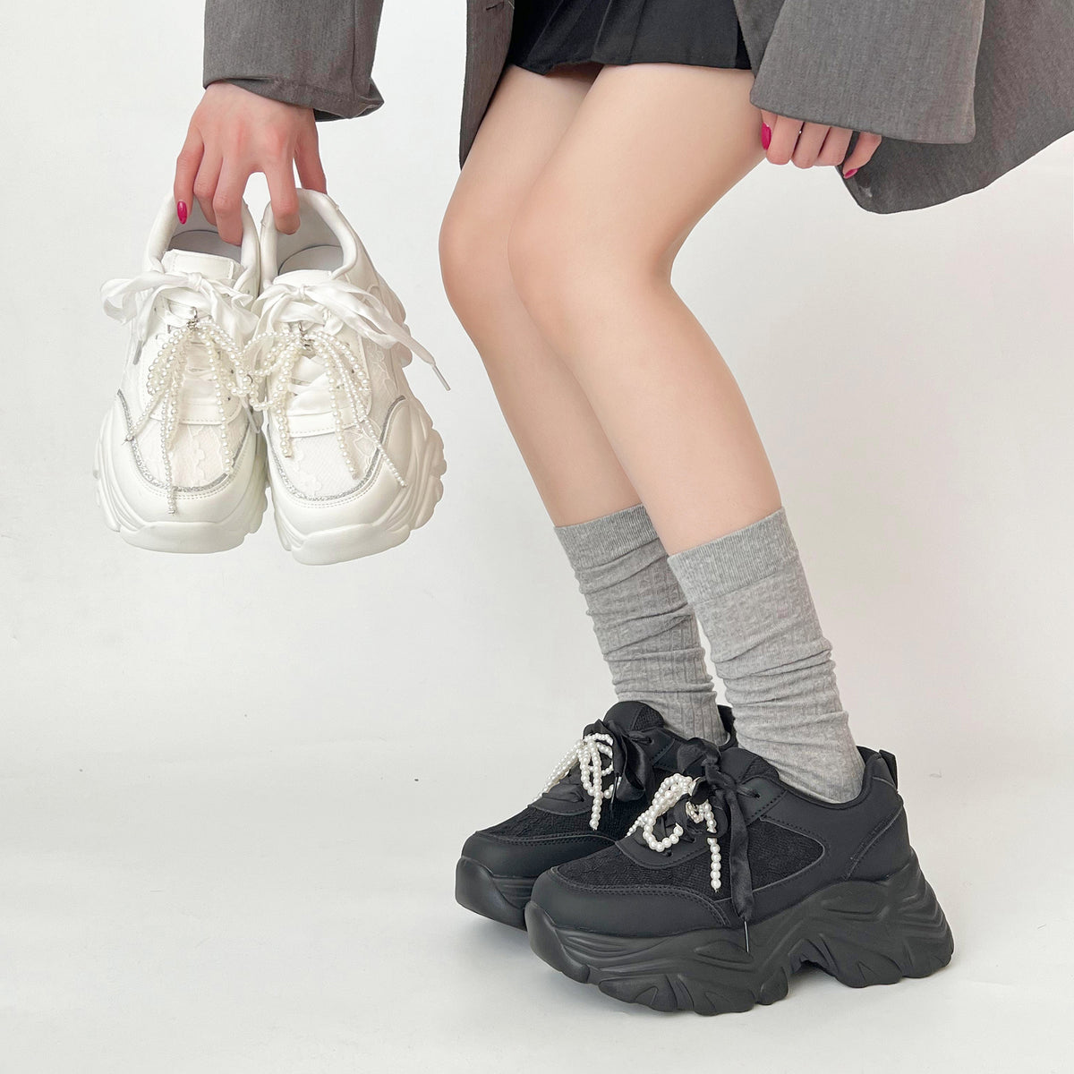 Shoes in Closet +6.5cm 軽量 厚底 2WAY パールリボン レース ボリューム スニーカー 2678 ホワイト SIC-2678_WHT