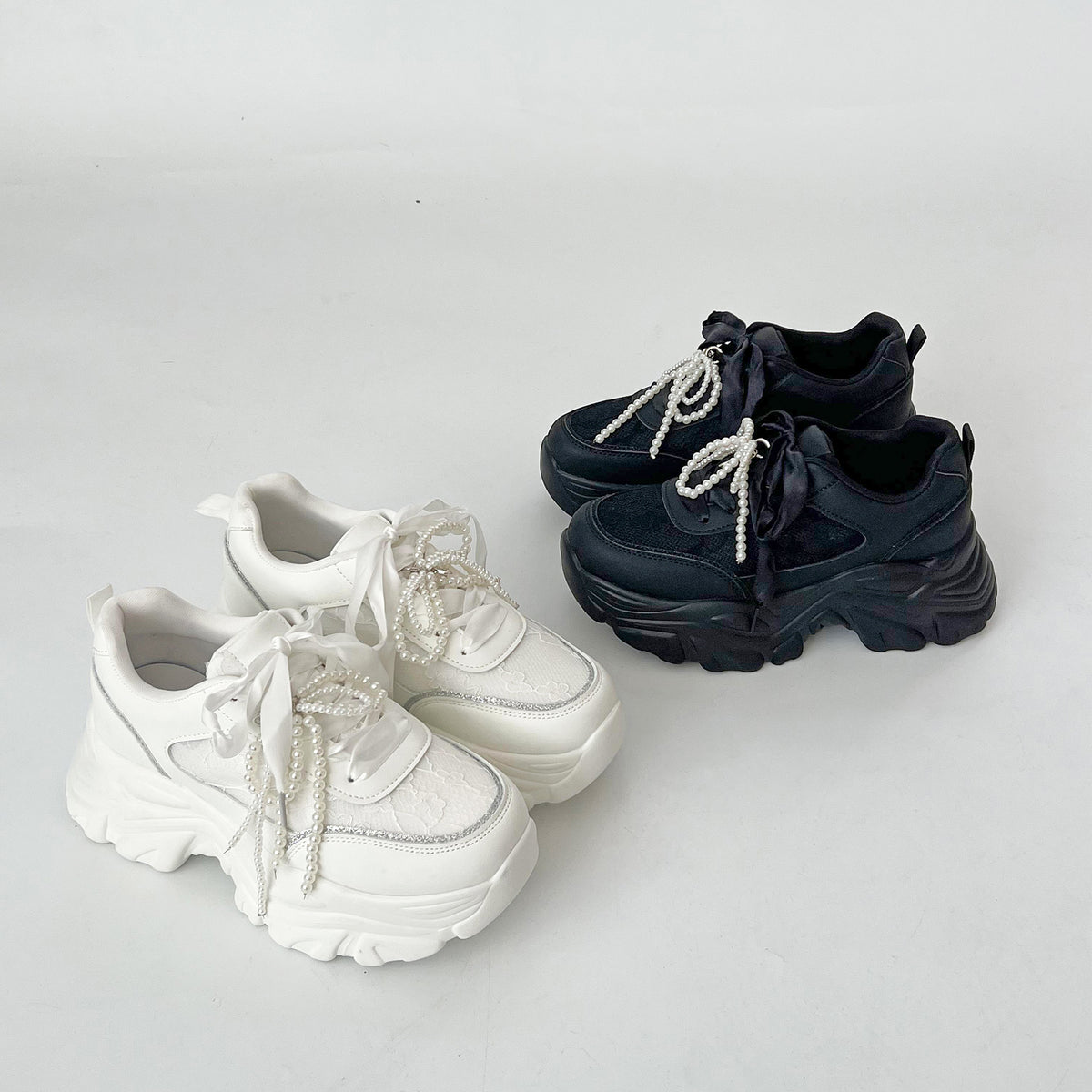 Shoes in Closet +6.5cm 軽量 厚底 2WAY パールリボン レース ボリューム スニーカー 2678 ホワイト SIC-2678_WHT