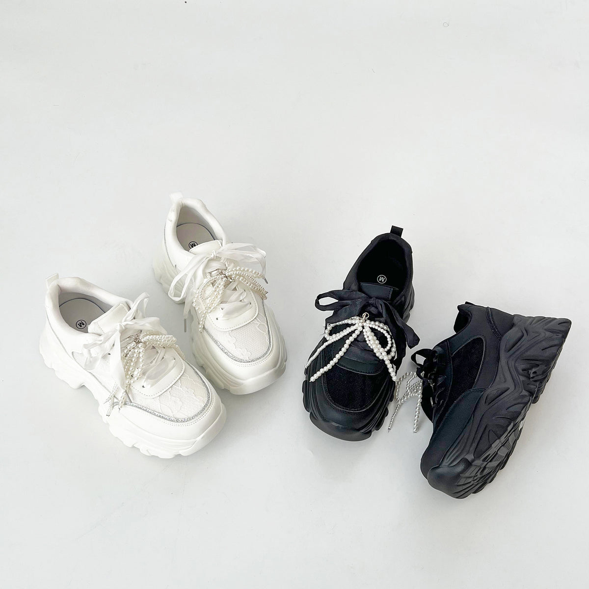 Shoes in Closet +6.5cm 軽量 厚底 2WAY パールリボン レース ボリューム スニーカー 2678 ホワイト SIC-2678_WHT