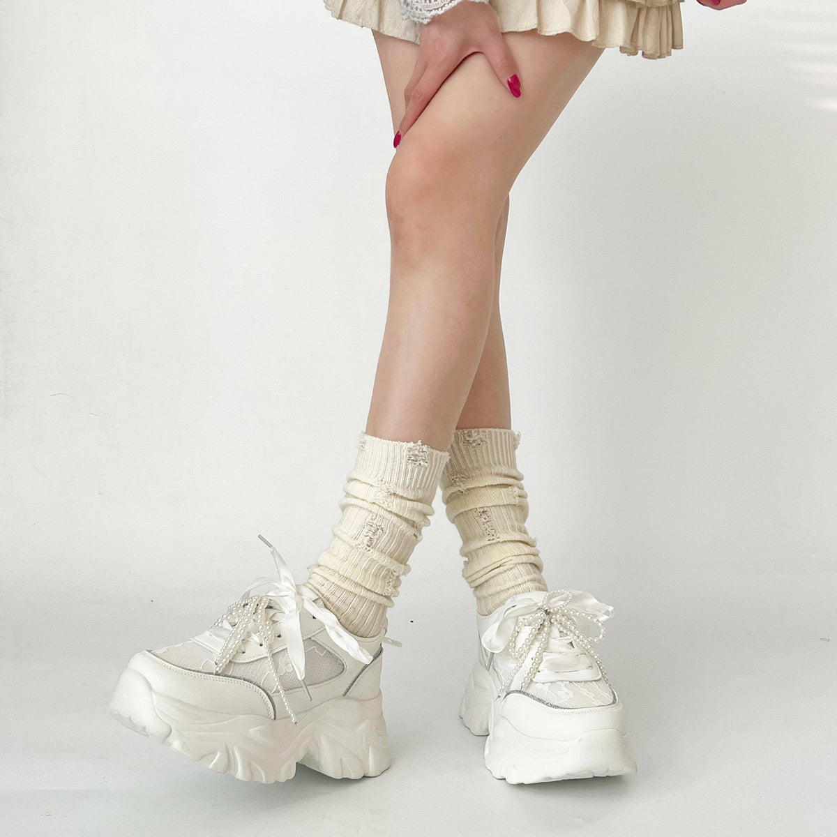 Shoes in Closet +6.5cm 軽量 厚底 2WAY パールリボン レース ボリューム スニーカー 2678 ホワイト SIC-2678_WHT