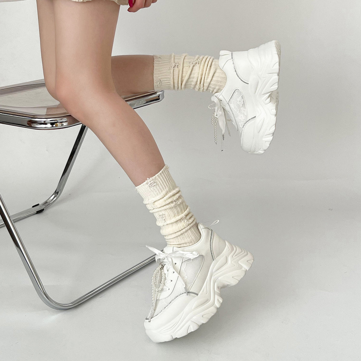 Shoes in Closet +6.5cm 軽量 厚底 2WAY パールリボン レース ボリューム スニーカー 2678 ホワイト SIC-2678_WHT