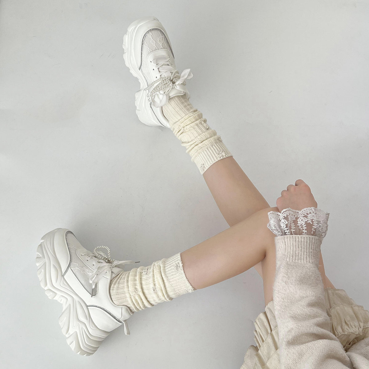 Shoes in Closet +6.5cm 軽量 厚底 2WAY パールリボン レース ボリューム スニーカー 2678 ホワイト SIC-2678_WHT