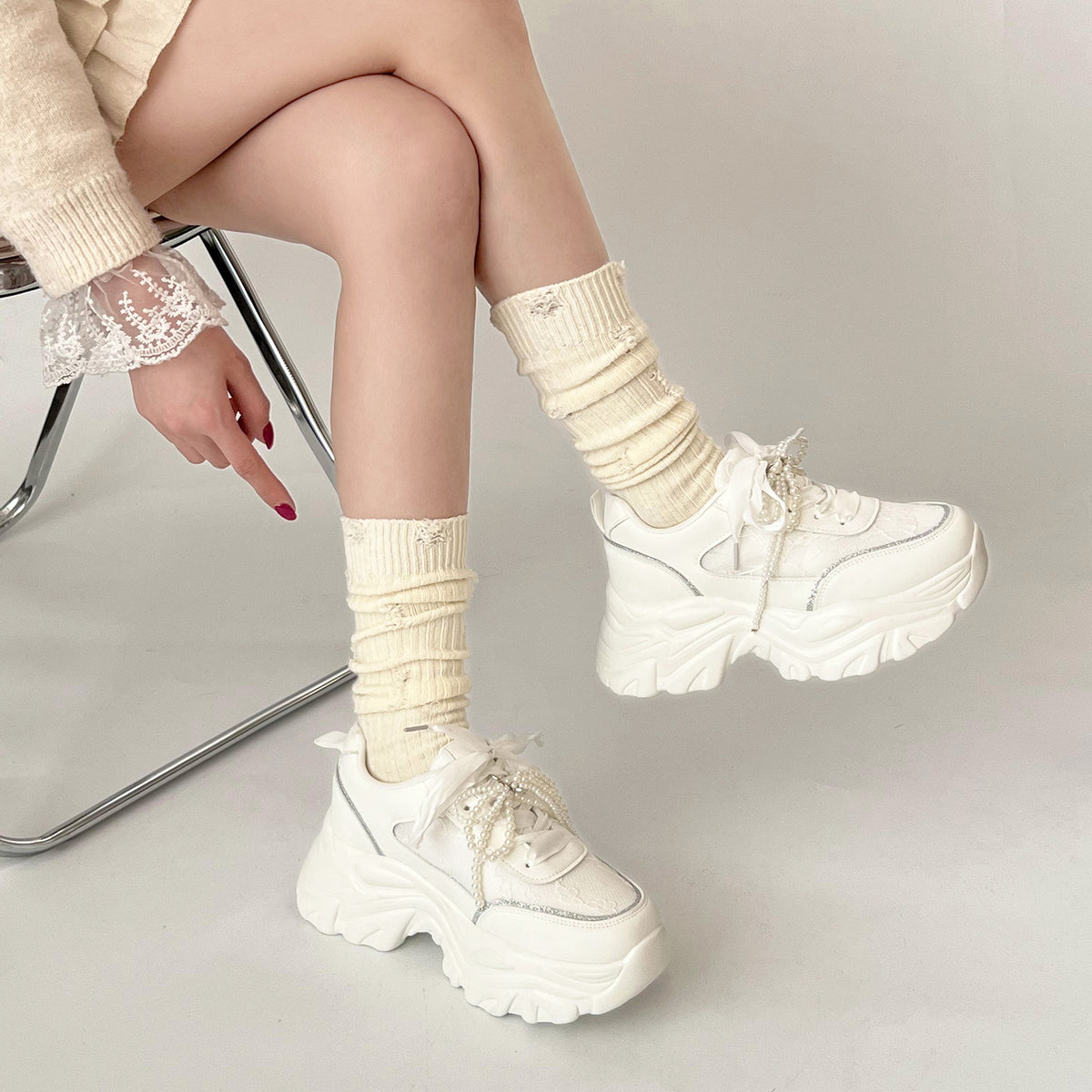 Shoes in Closet +6.5cm 軽量 厚底 2WAY パールリボン レース ボリューム スニーカー 2678 ホワイト SIC-2678_WHT