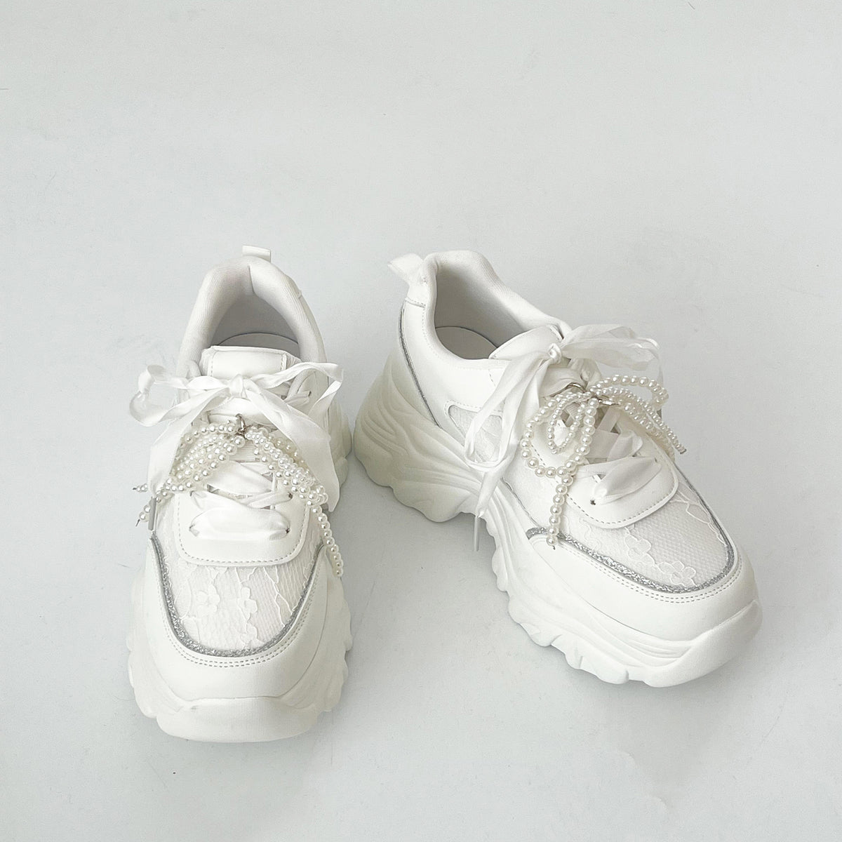 Shoes in Closet +6.5cm 軽量 厚底 2WAY パールリボン レース ボリューム スニーカー 2678 ホワイト SIC-2678_WHT