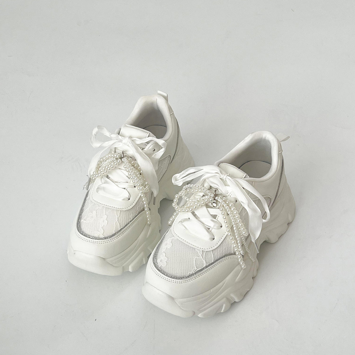Shoes in Closet +6.5cm 軽量 厚底 2WAY パールリボン レース ボリューム スニーカー 2678 ホワイト SIC-2678_WHT