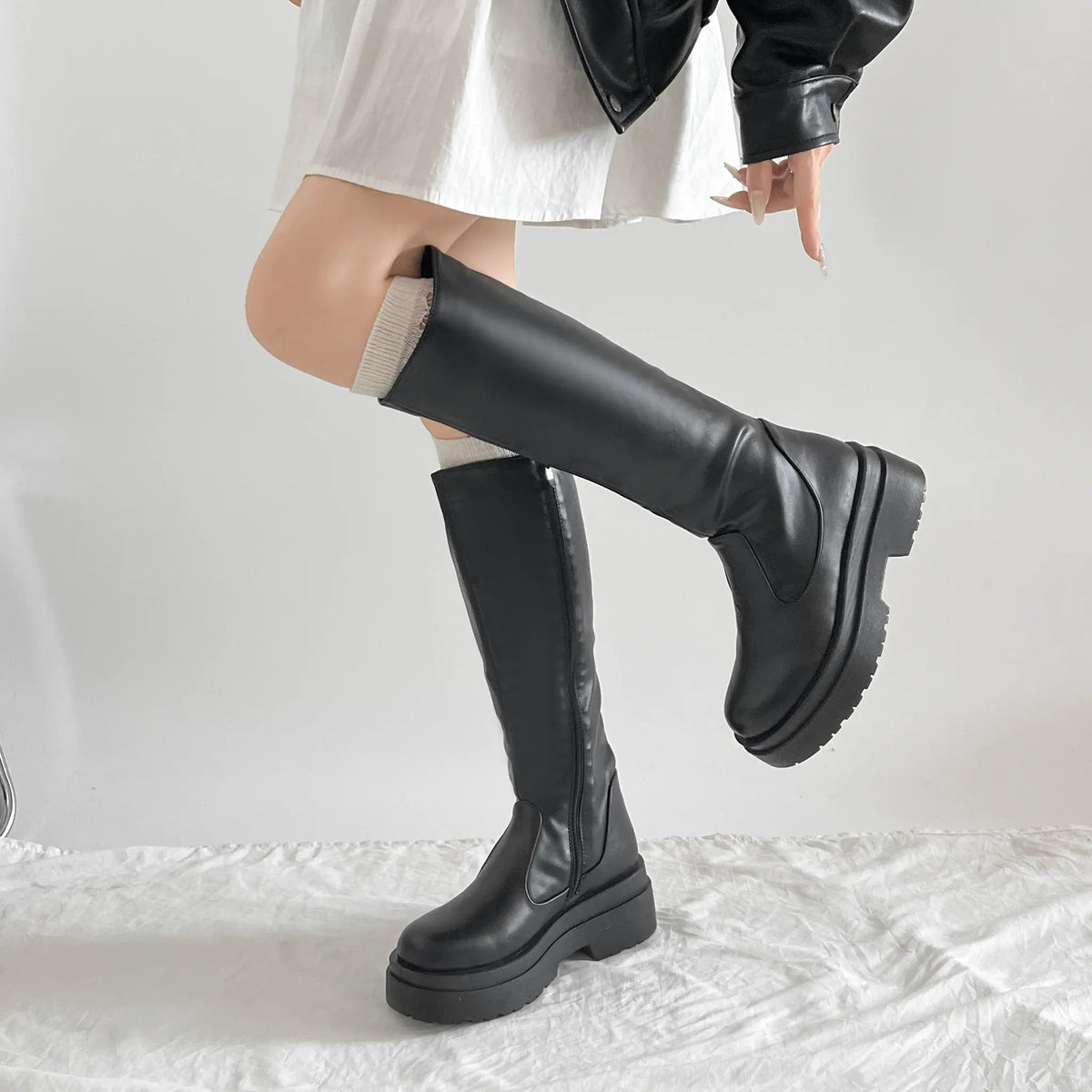 Shoes in Closet 軽量 厚底 2段ソール プレーン ロングブーツ 2698 ブラック SIC-2698_BLK/PU