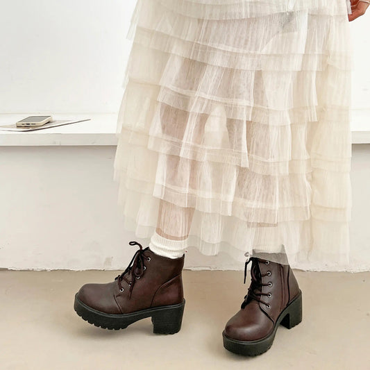 Shoes in Closet 超軽量 厚底 レースアップ ヒール ショートブーツ 2805 ダークブラウン SIC-2805_D.BR/PU