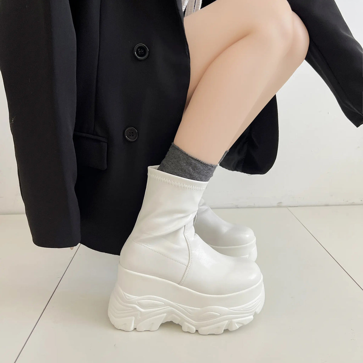 Shoes in Closet 厚底 ダブルソール ストレッチ ショートブーツ 537 アイボリー SIC-537_IV