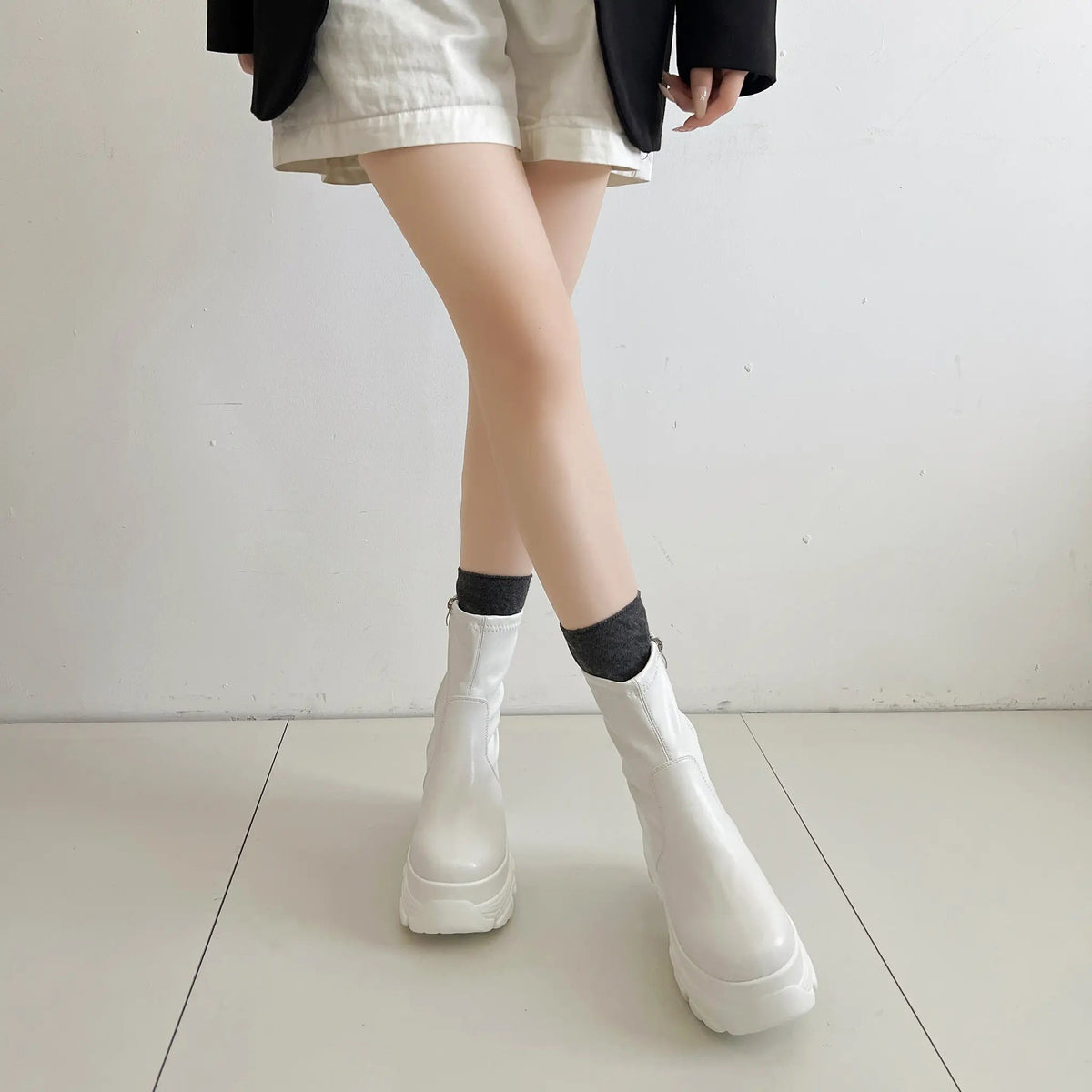 Shoes in Closet 厚底 ダブルソール ストレッチ ショートブーツ 537 アイボリー SIC-537_IV