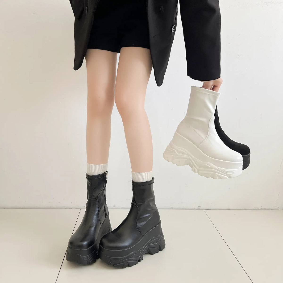 Shoes in Closet 厚底 ダブルソール ストレッチ ショートブーツ 537 アイボリー SIC-537_IV