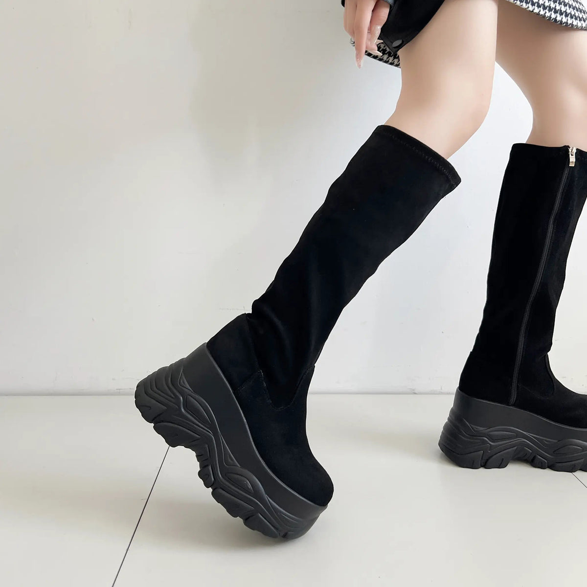 Shoes in Closet 厚底 ダブルソール ストレッチ ロングブーツ 538 ブラック/スウェード SIC-538_BLK/S