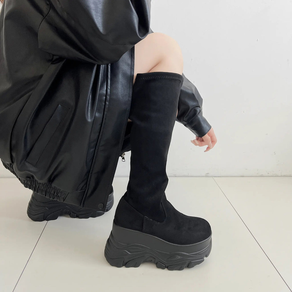 Shoes in Closet 厚底 ダブルソール ストレッチ ロングブーツ 538 ブラック/スウェード SIC-538_BLK/S