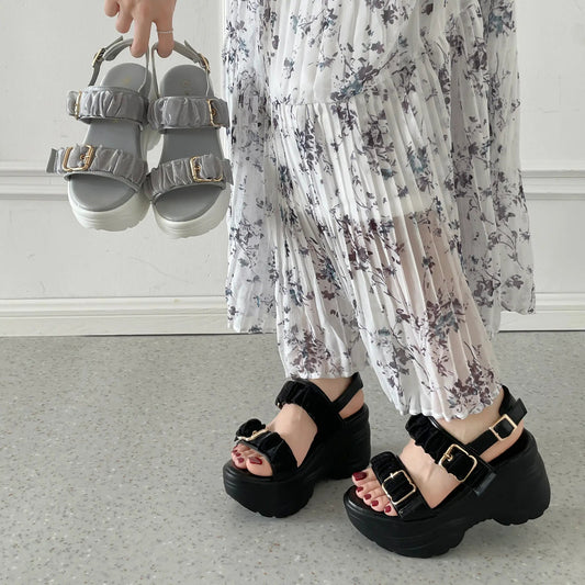 Shoes in Closet +9.0cm 超軽量 厚底 スタイルアップソール シアー ギャザー ベルト サンダル 5482 ブラック/ブラック SIC-5482_BLK/BLK