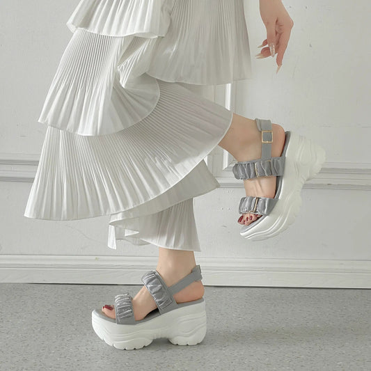 Shoes in Closet +9.0cm 超軽量 厚底 スタイルアップソール シアー ギャザー ベルト サンダル 5482 グレー SIC-5482_GREY