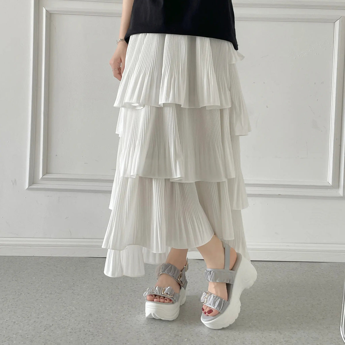 Shoes in Closet +9.0cm 超軽量 厚底 スタイルアップソール シアー ギャザー ベルト サンダル 5482 グレー SIC-5482_GREY