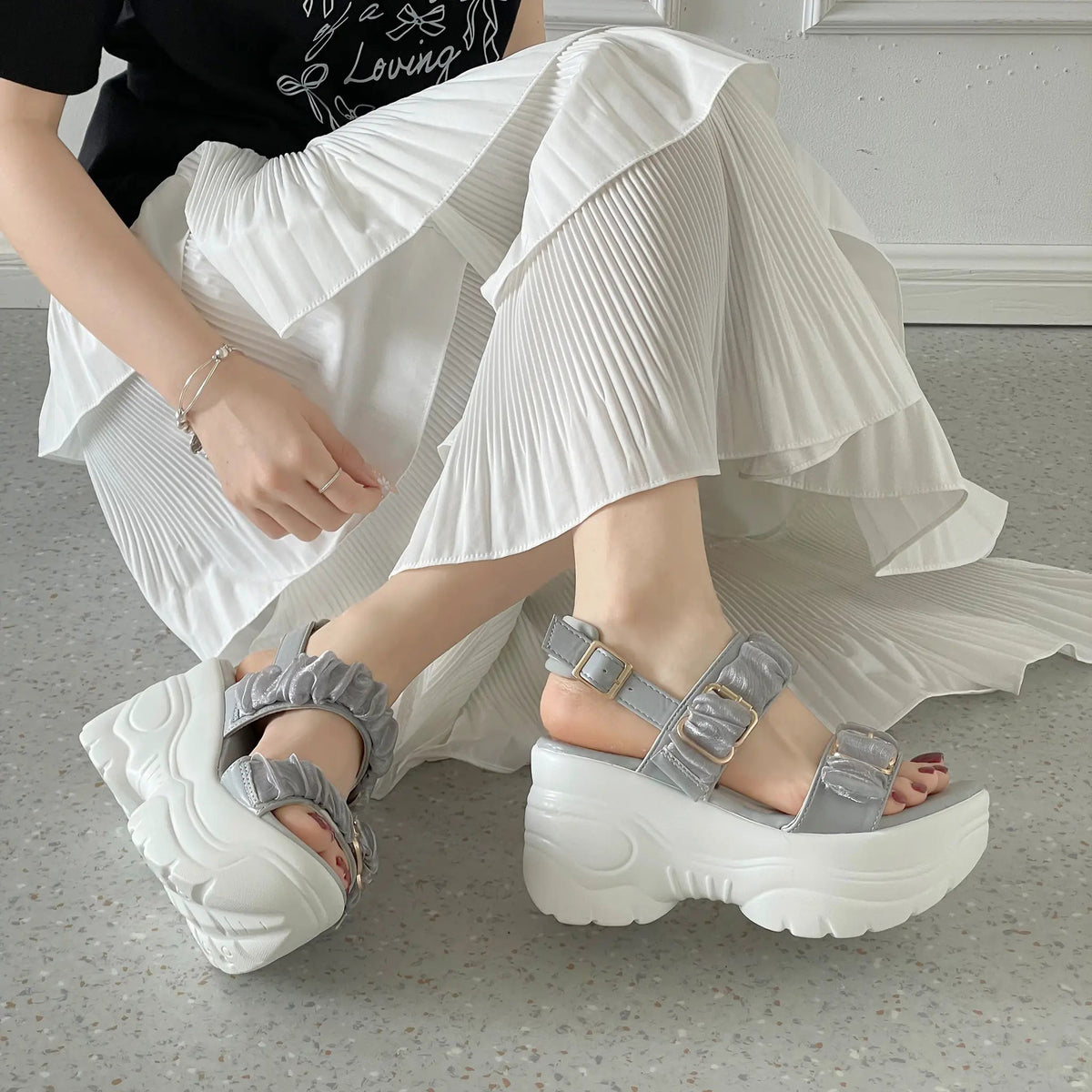Shoes in Closet +9.0cm 超軽量 厚底 スタイルアップソール シアー ギャザー ベルト サンダル 5482 グレー SIC-5482_GREY