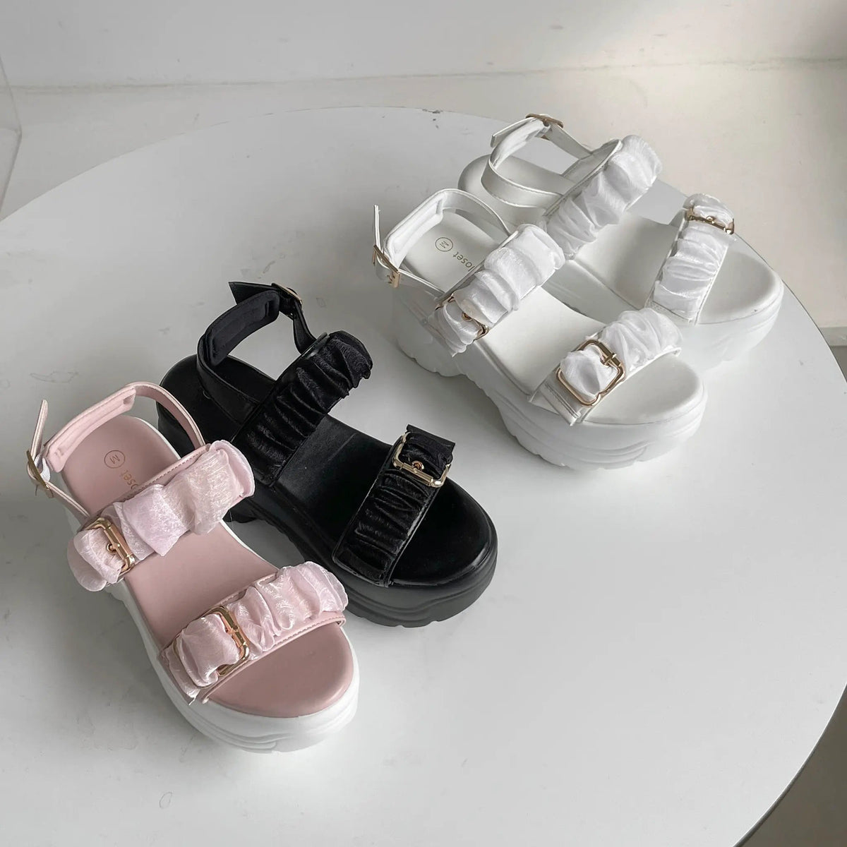 Shoes in Closet +9.0cm 超軽量 厚底 スタイルアップソール シアー ギャザー ベルト サンダル 5482 ピンク SIC-5482_PINK