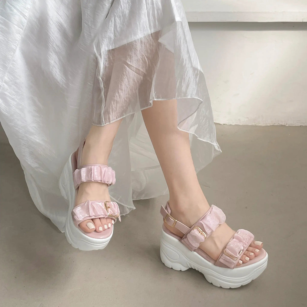 Shoes in Closet +9.0cm 超軽量 厚底 スタイルアップソール シアー ギャザー ベルト サンダル 5482 ピンク SIC-5482_PINK