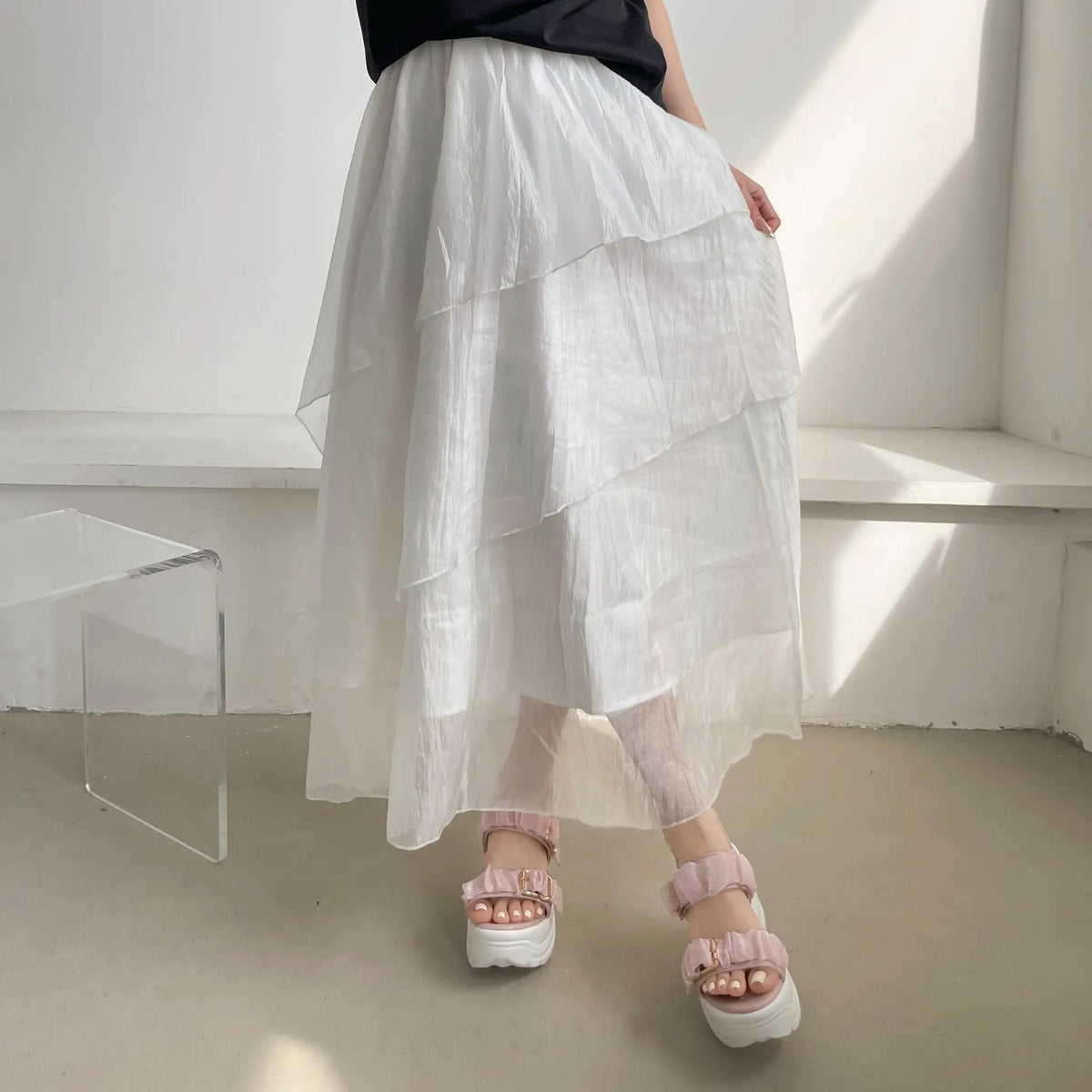 Shoes in Closet +9.0cm 超軽量 厚底 スタイルアップソール シアー ギャザー ベルト サンダル 5482 ピンク SIC-5482_PINK