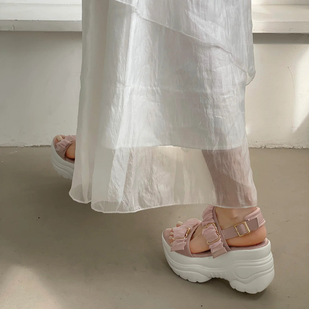 Shoes in Closet +9.0cm 超軽量 厚底 スタイルアップソール シアー ギャザー ベルト サンダル 5482 ピンク SIC-5482_PINK
