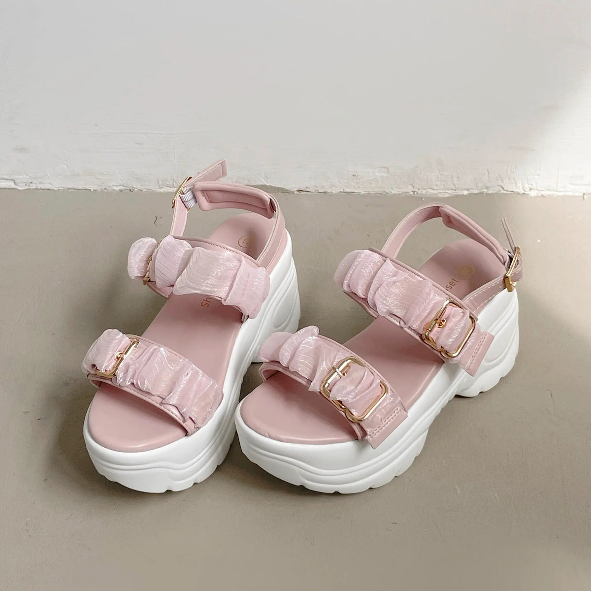 Shoes in Closet +9.0cm 超軽量 厚底 スタイルアップソール シアー ギャザー ベルト サンダル 5482 ピンク SIC-5482_PINK