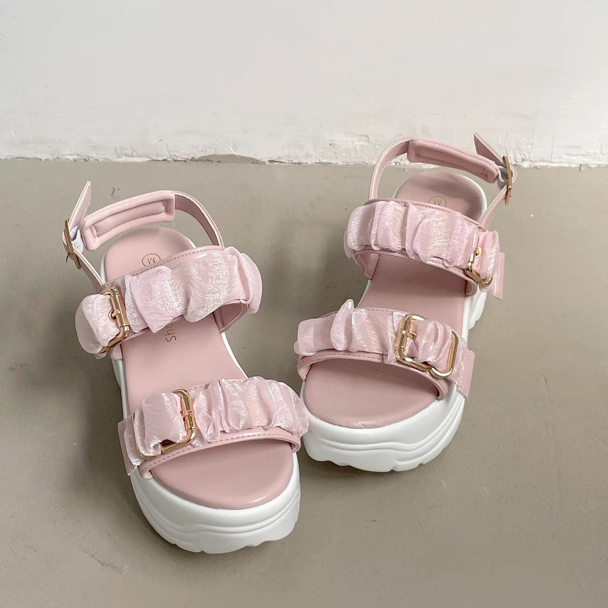 Shoes in Closet +9.0cm 超軽量 厚底 スタイルアップソール シアー ギャザー ベルト サンダル 5482 ピンク SIC-5482_PINK